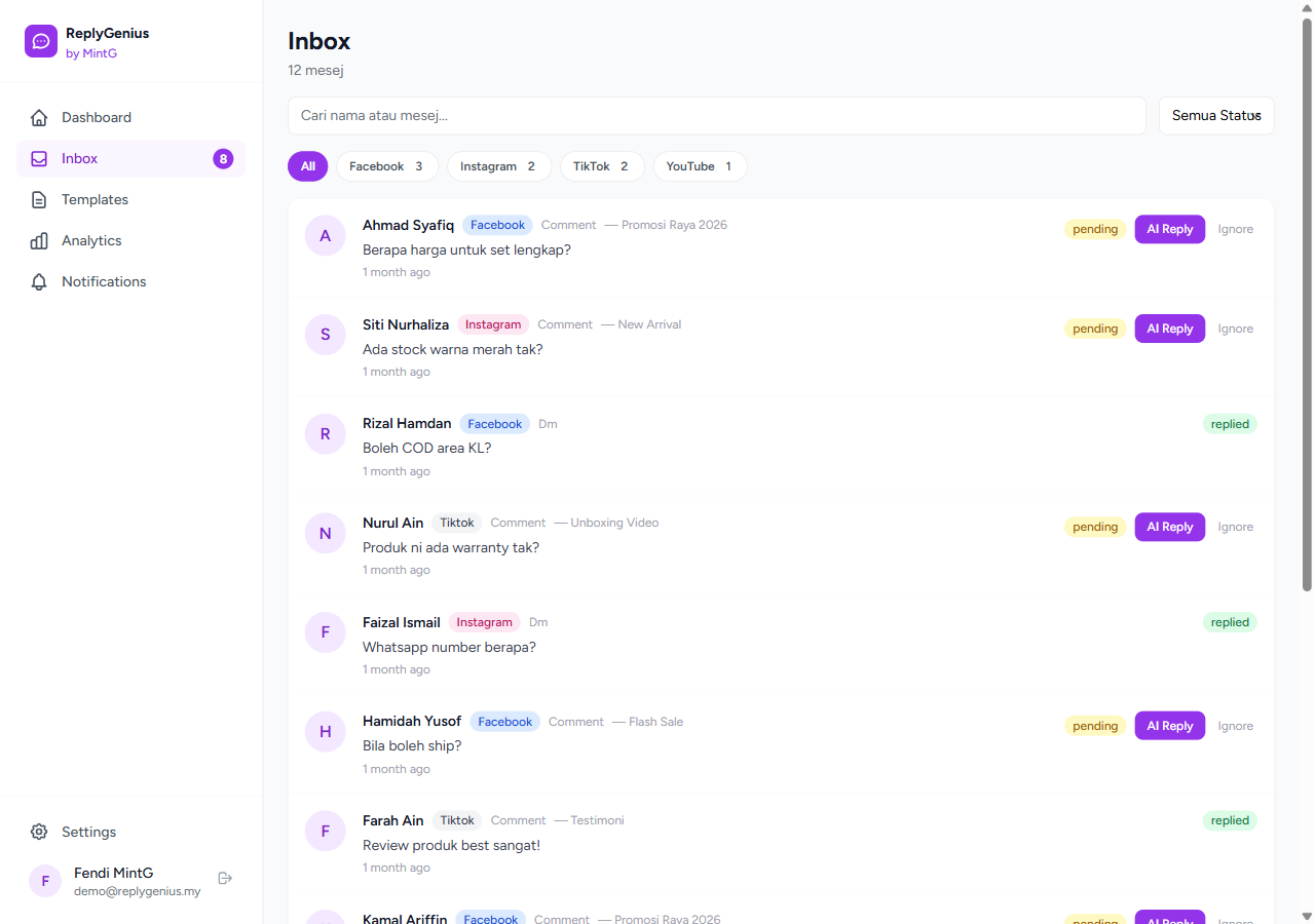 The real ReplyGenius Inbox, showing customer comments with their pending or replied status